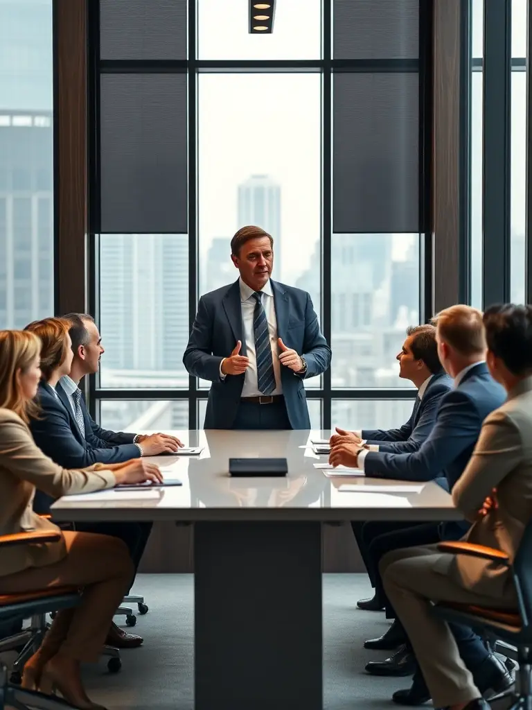 A professional coach mentoring a group of business leaders in a modern conference room, representing Leadership Development Program.