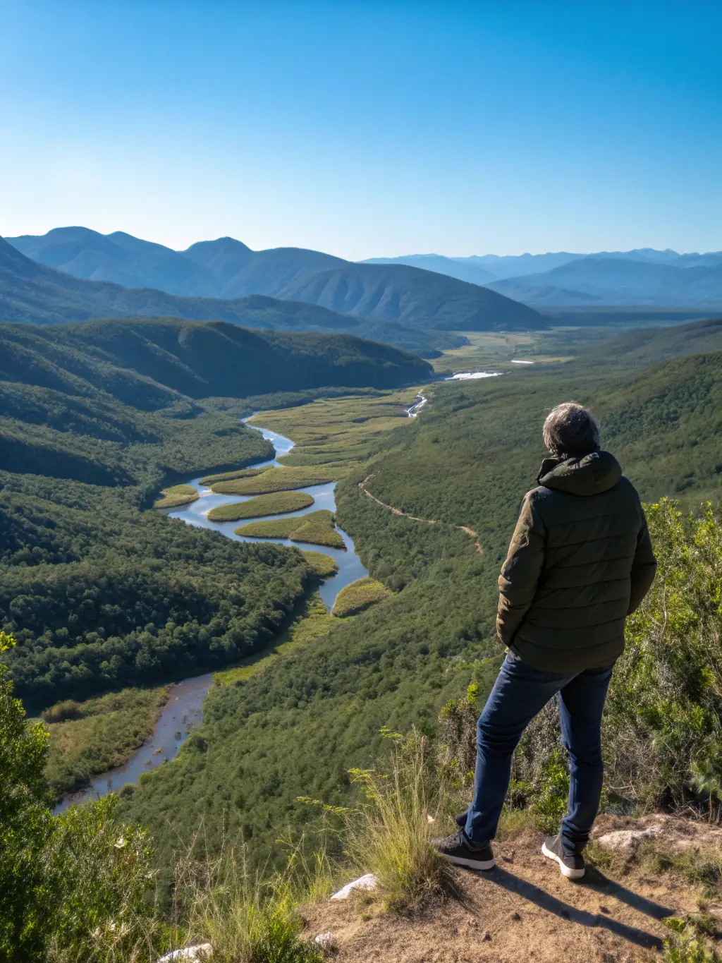 An individual confidently standing on a mountaintop, overlooking a vast landscape, symbolizing personal growth and achievement through Personal Development Coaching.