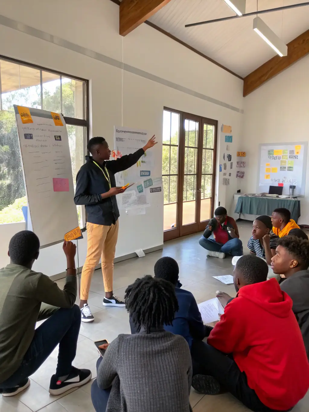 A diverse group of professionals participating in a leadership workshop, engaging in team-building activities and discussions, representing the Leadership Development Program.