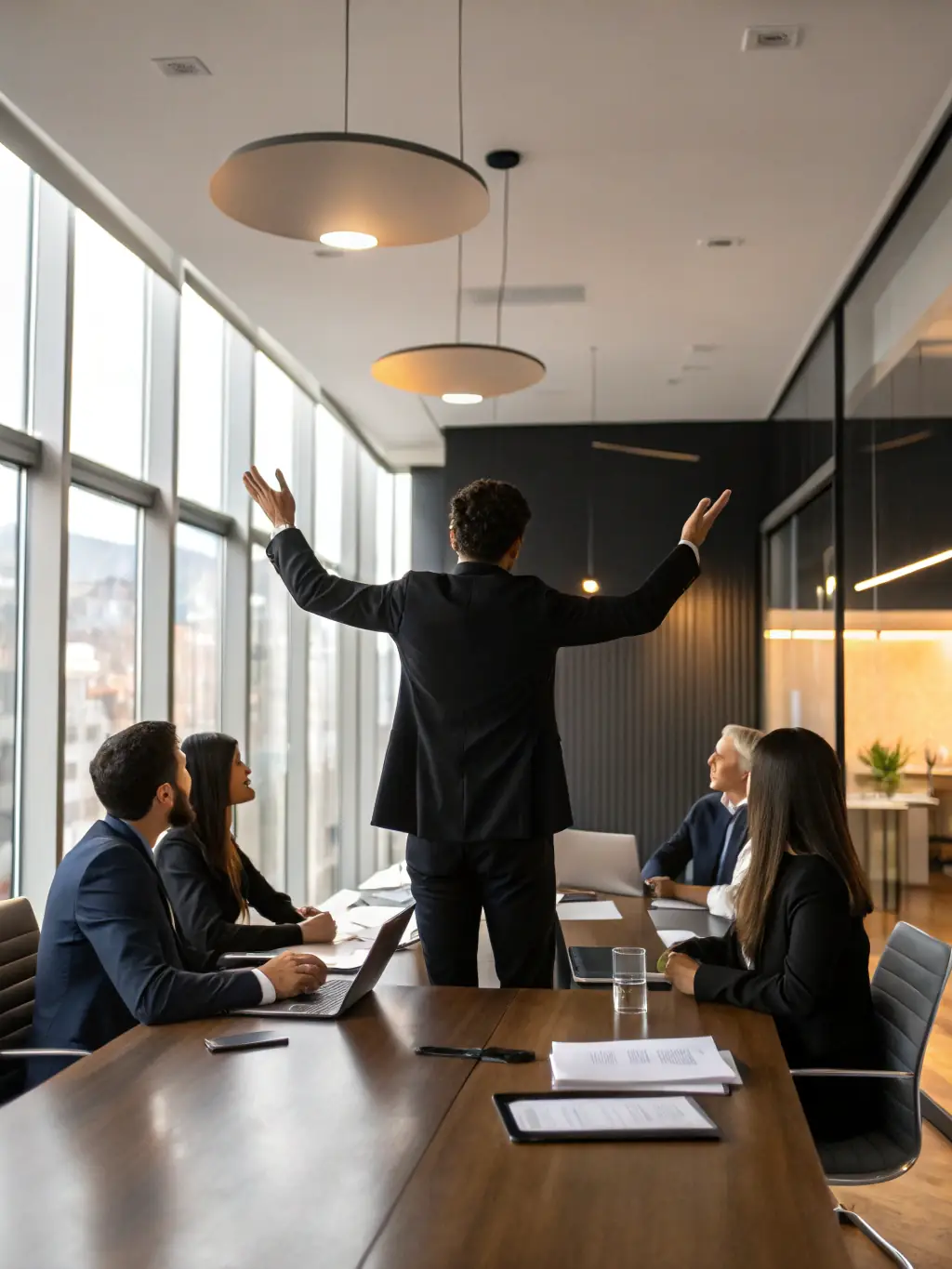 A professional business person in a suit confidently presenting a strategic plan to their team in a modern office setting, symbolizing Business Strategy Coaching.