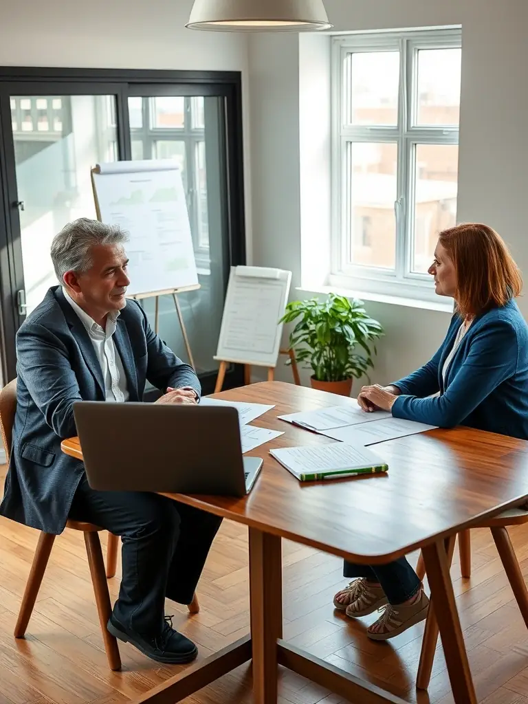 An image of a business coach and client discussing strategy over a table with charts and laptops, representing Business Strategy Coaching.