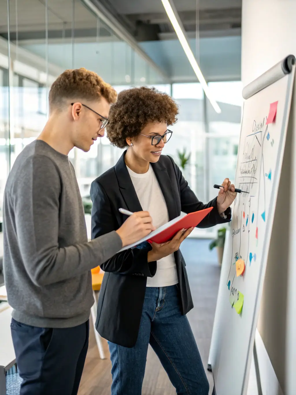 A coach facilitating a brainstorming session with a team, using visual aids and encouraging creative thinking, representing Team Performance Coaching.