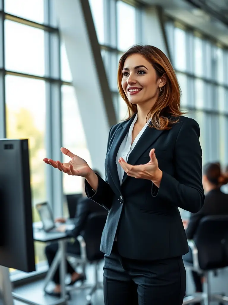 A confident leader addressing a team, inspiring them with a clear vision and effective communication, symbolizing enhanced leadership skills through CatalystUK's program.